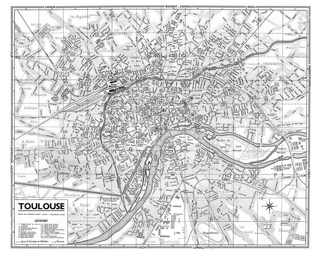 plan de ville vintage noir et blanc de Toulouse Blay Foldex