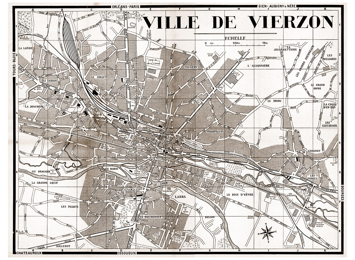 plan de ville vintage sépia de Vierzon Blay Foldex