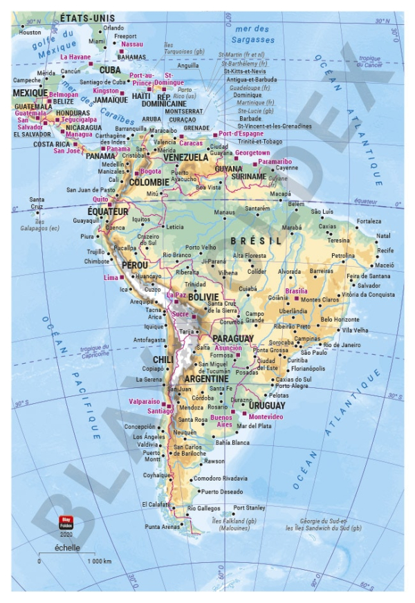 carte de l'Amérique du Sud pour agenda Blay-Foldex
