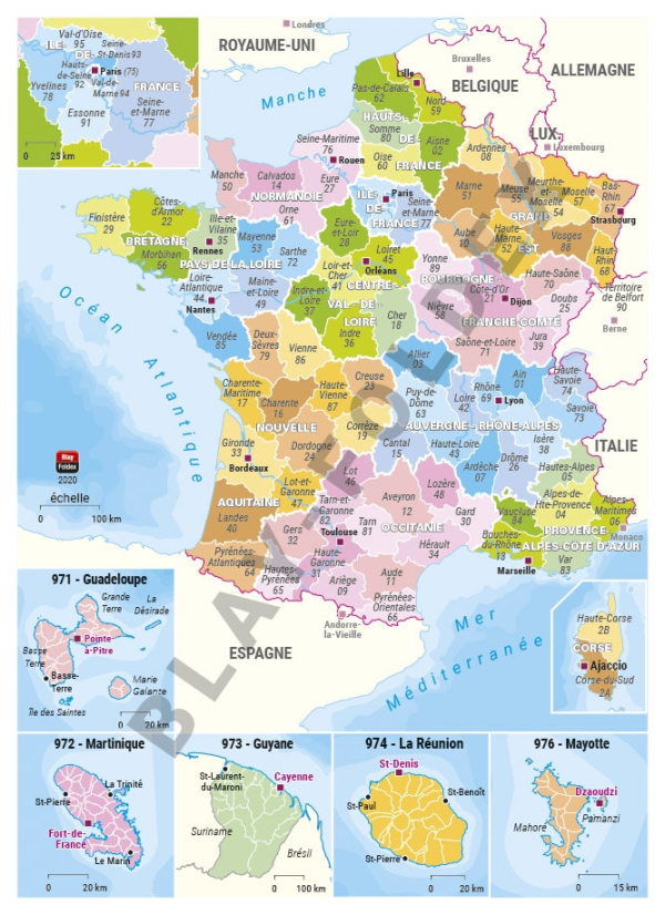 carte de France administrative avec DROM COM pour agenda Blay-Foldex
