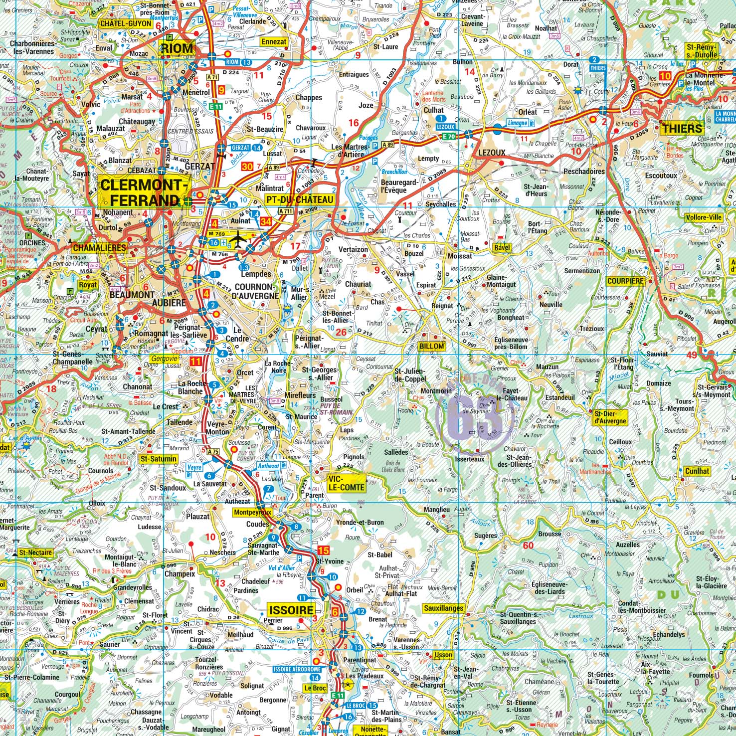 Poster de la carte routière de la région Auvergne