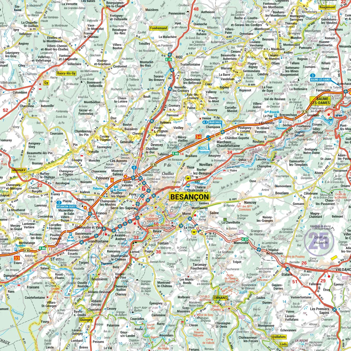 Carte routière et touristique de la région Franche-Comté