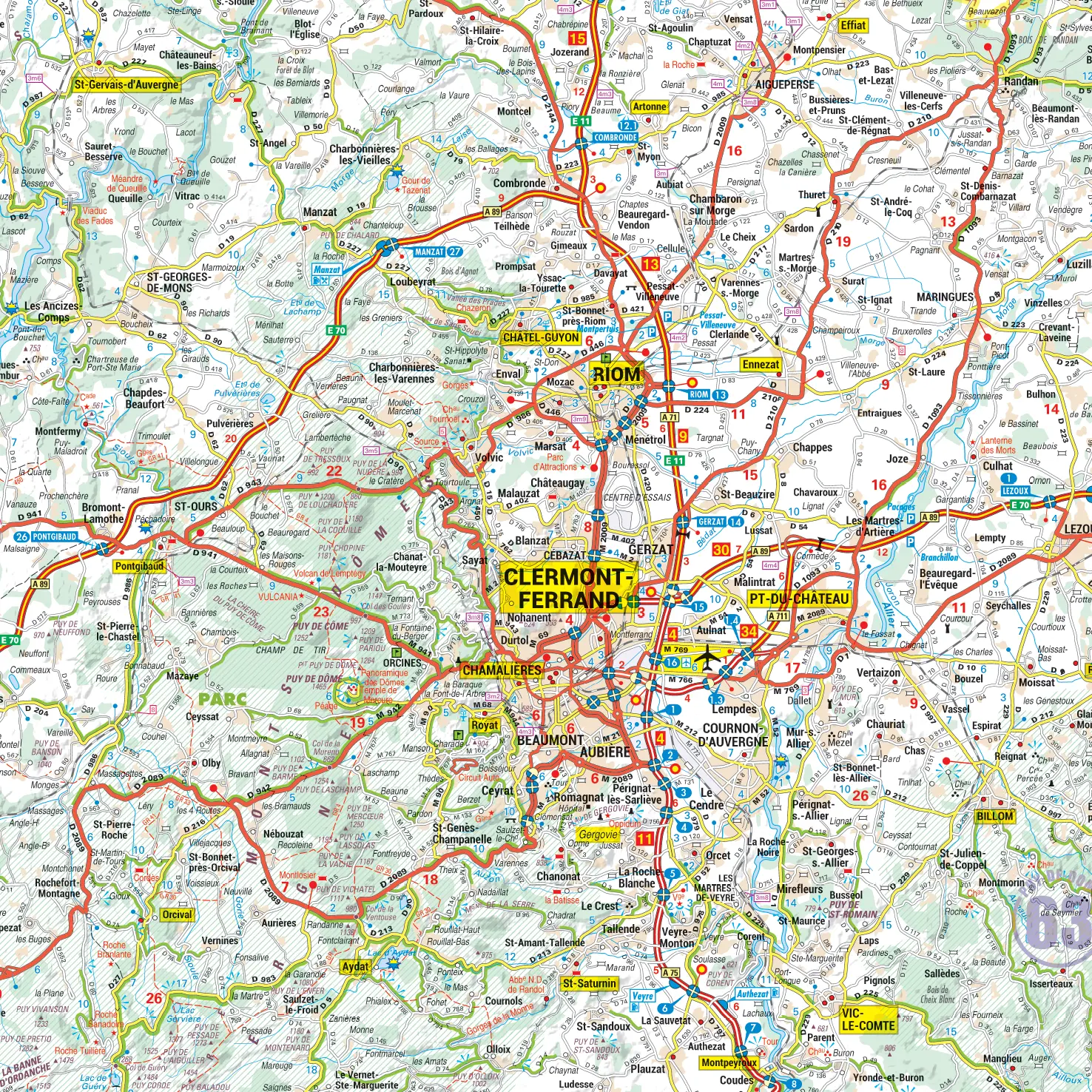 Carte routière et touristique de la région Auvergne