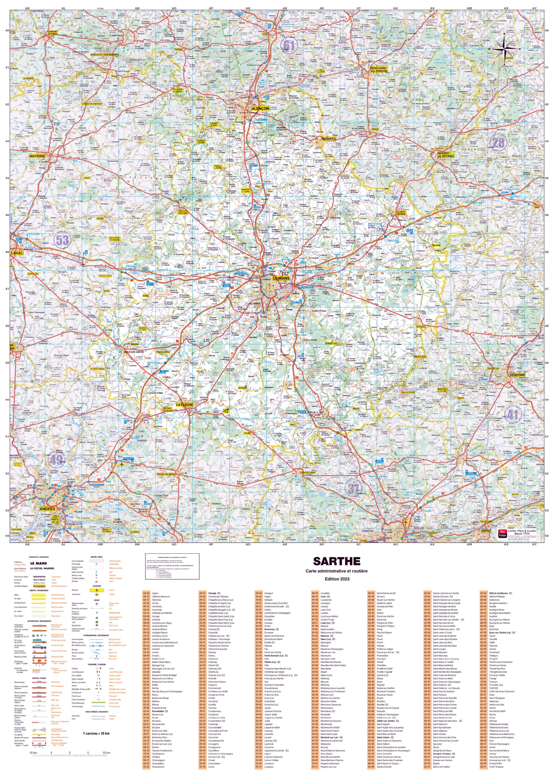 Poster de la carte routière du département de la Sarthe